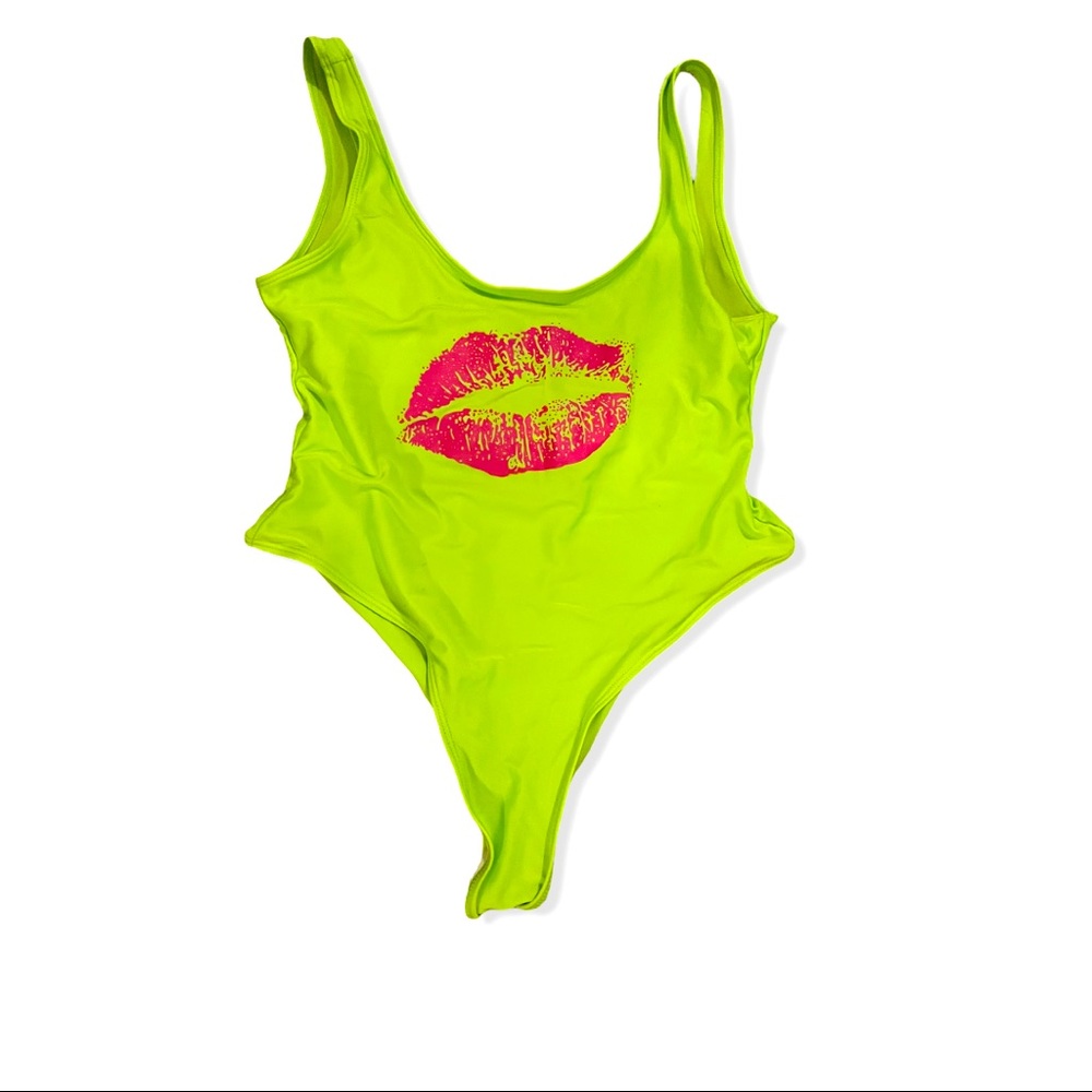 Neon 80’s themed one piece high cut swimsuit